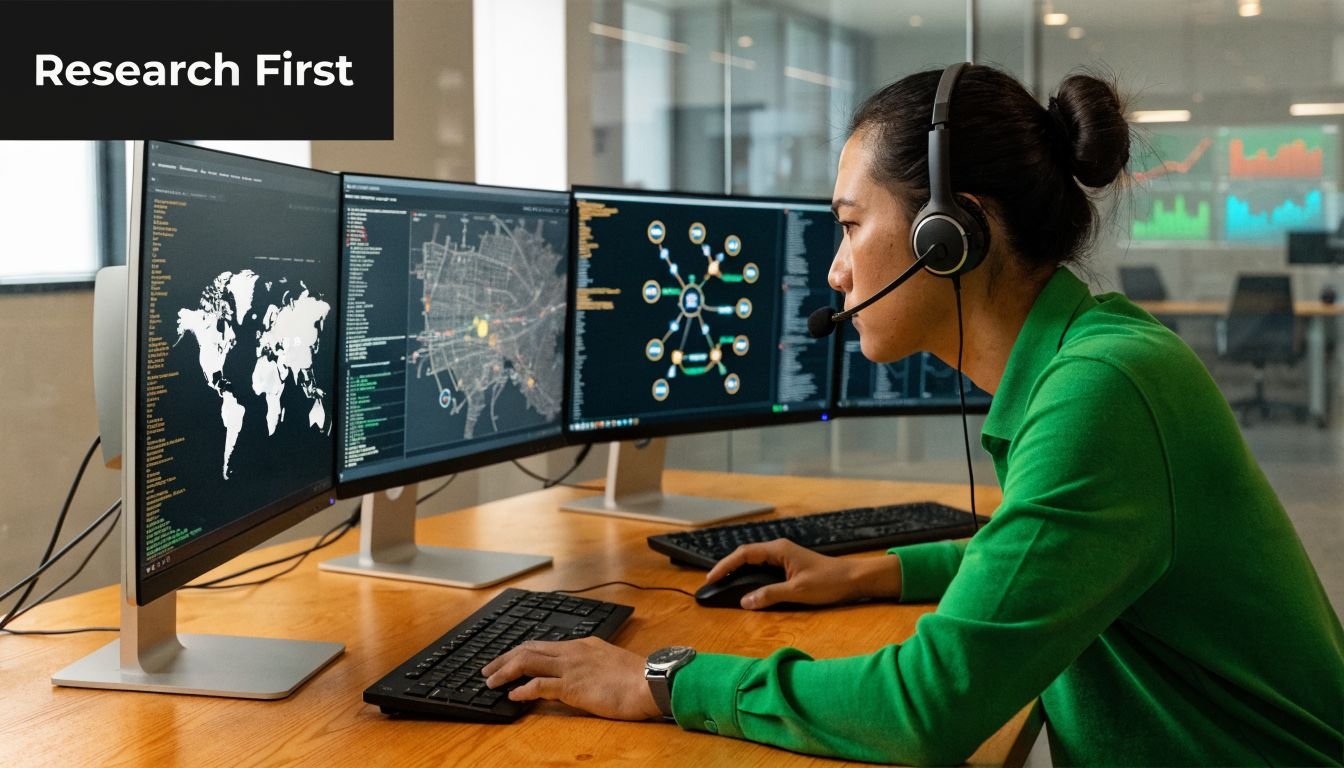 A professional working in an office with multiple computer monitors displaying data and maps.