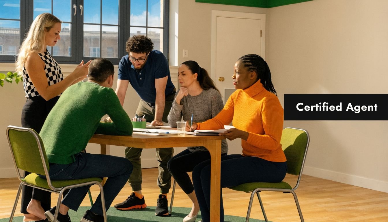 A diverse team of professionals collaborates during a brainstorming session at a wooden office table.