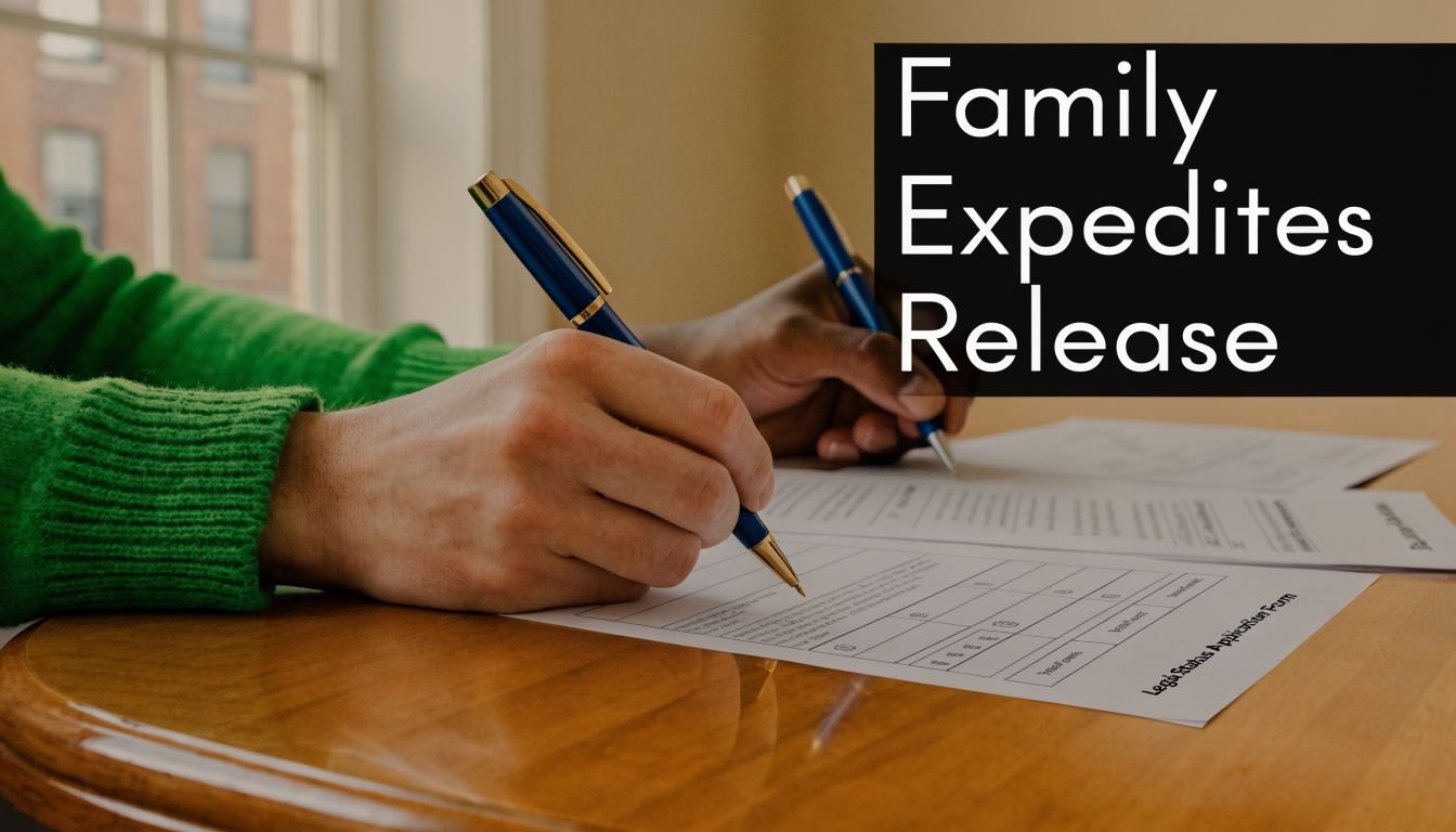 A person signing a legal status application form at a wooden table for bail processing.