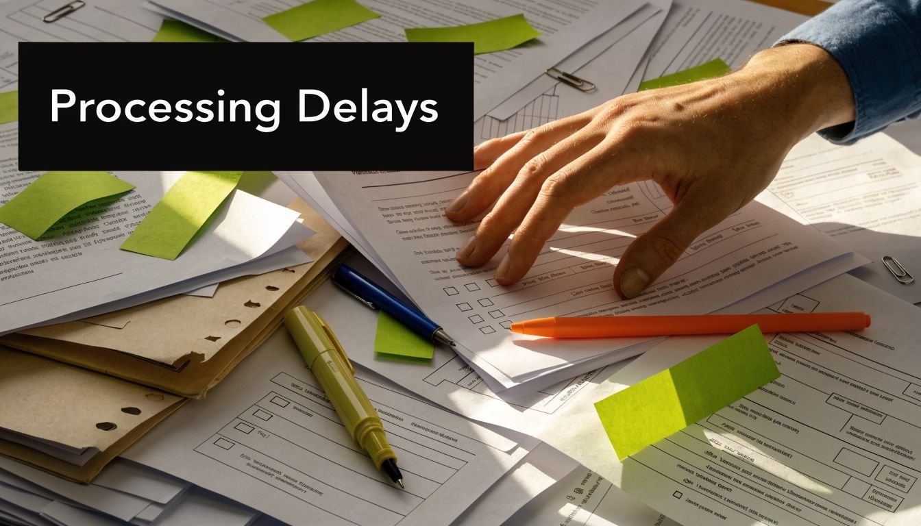 A person organizing piles of official paperwork with sticky notes on a desk with pens.