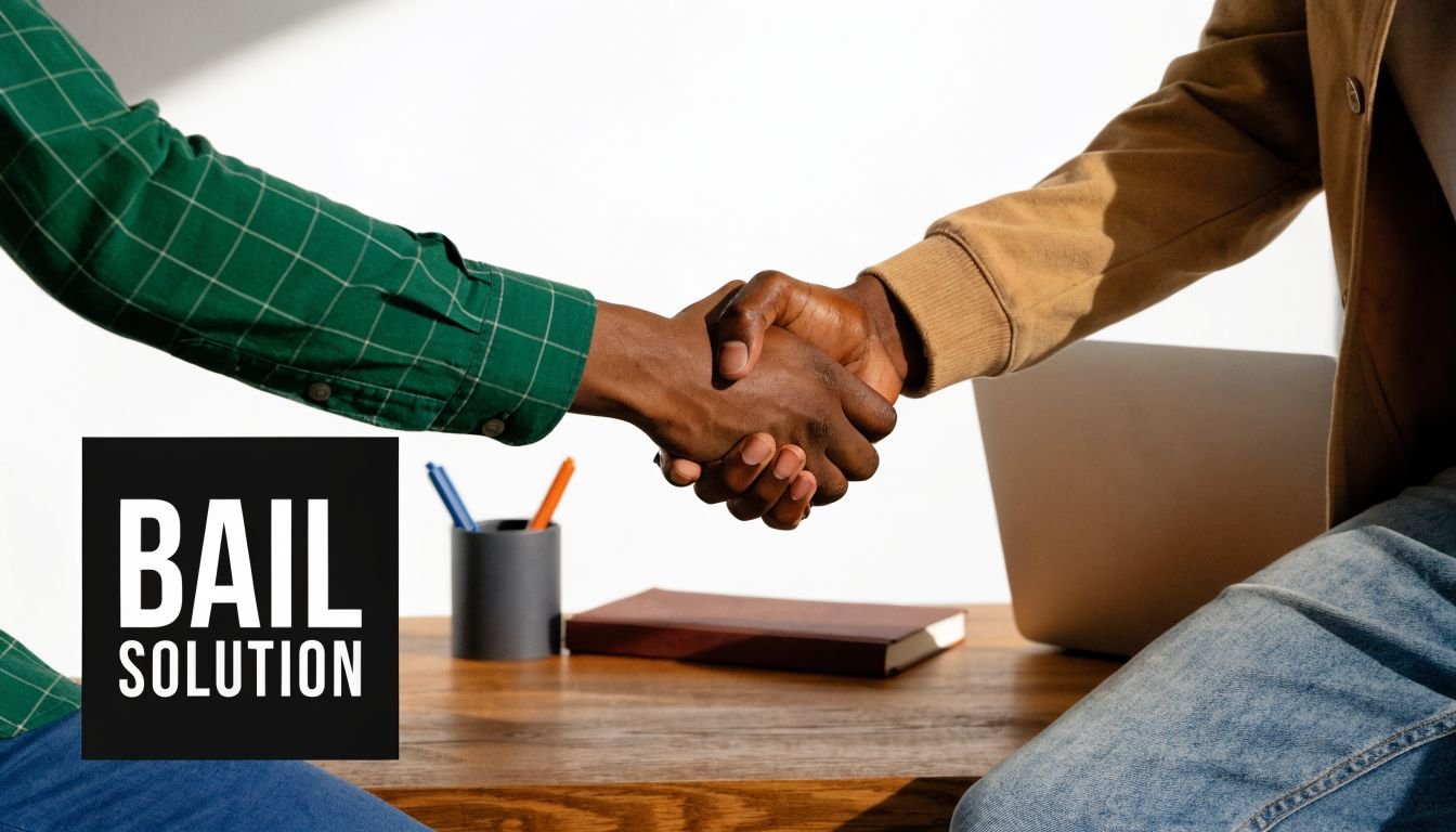 Two people shaking hands over a wooden desk, symbolizing an agreement for bail services.