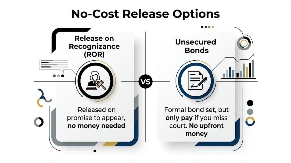 A comparison chart showing no-cost release options, including Release on Recognizance and Unsecured Bonds for legal situations.