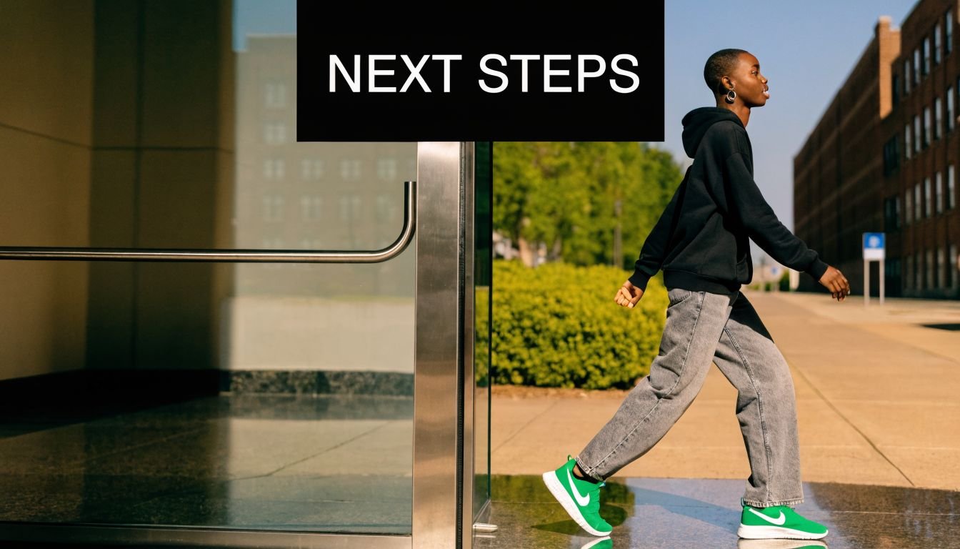 A person wearing a black hoodie and grey jeans walking outdoors in bright green sneakers.