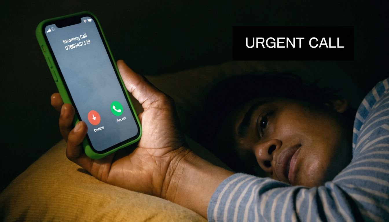 A person lying in bed at night receiving an urgent incoming phone call on their smartphone.