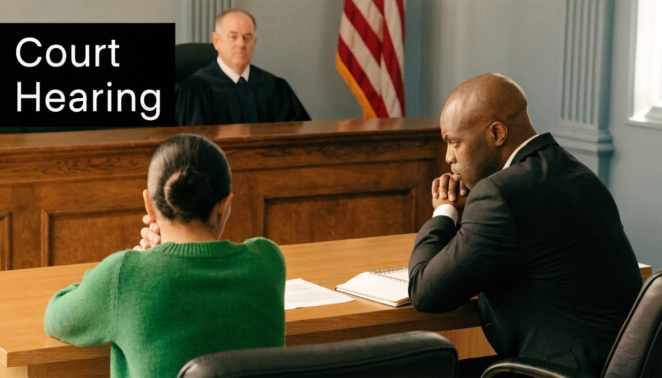 A woman and her lawyer sitting at a table inside a courtroom during a legal hearing.