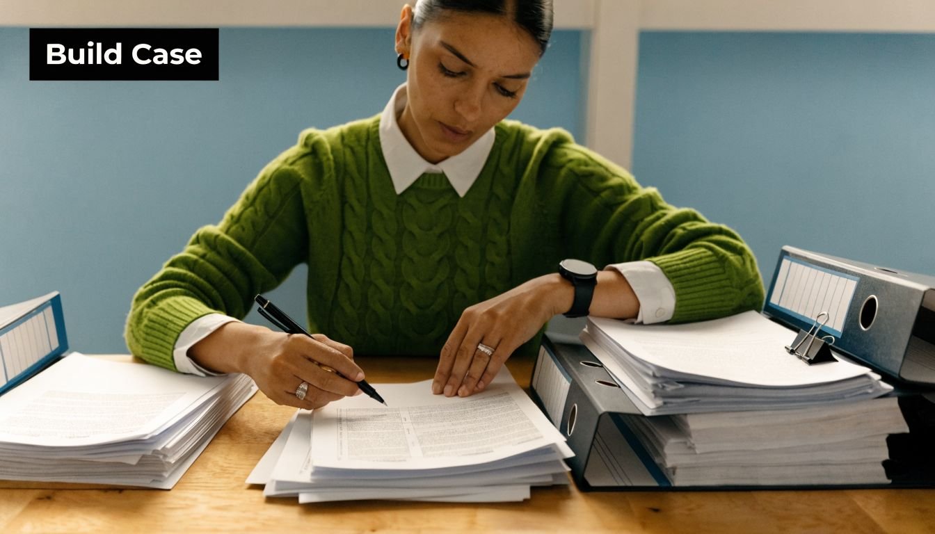 A professional woman in a green sweater reviewing legal documents while sitting at a desk with binders.