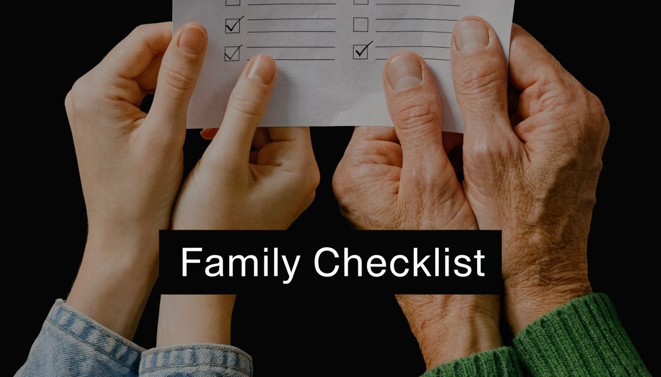 A younger hand and an older wrinkled hand together holding a paper list with checkboxes marked.