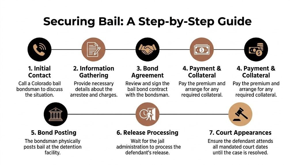 A step-by-step infographic titled Securing Bail detailing the process of working with a bail bondsman.