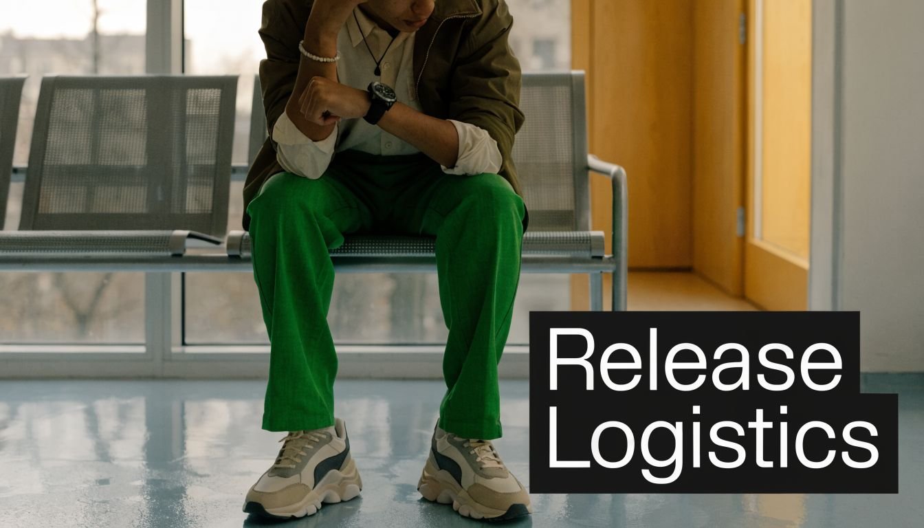 A person sitting on a metal chair in a waiting area with text overlay reading Release Logistics.