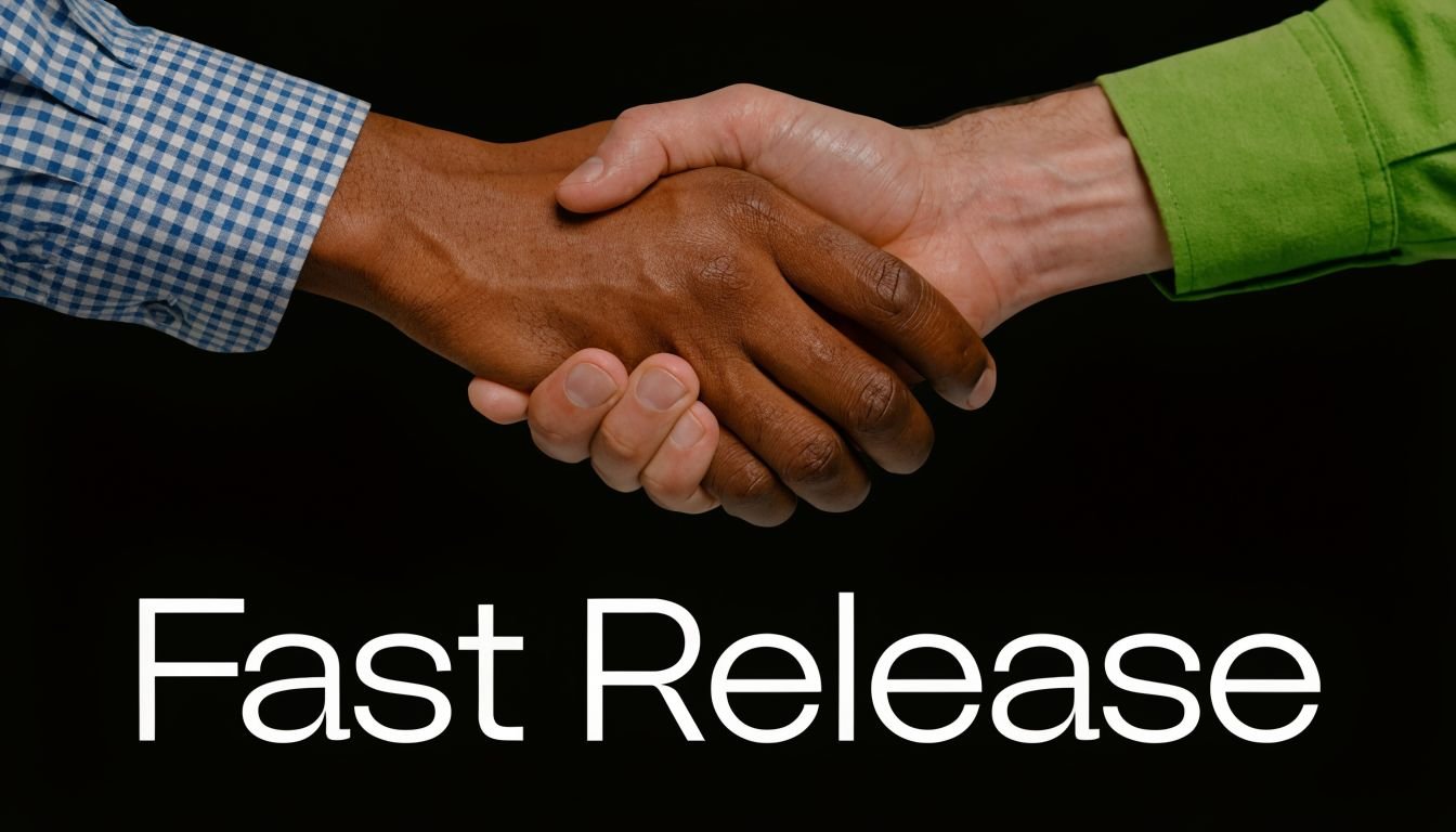 A close-up of two people shaking hands against a black background with the text Fast Release