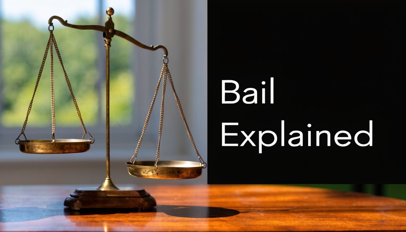 A brass scale of justice sitting on a wooden table with the text Bail Explained on the side.