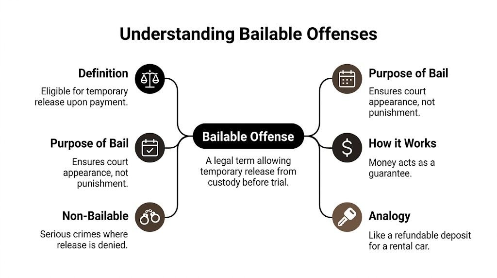A mind map infographic explaining the legal concept of bailable offenses and how bail functions.
