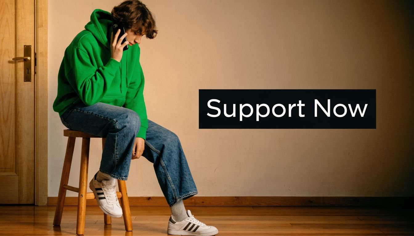 A young person wearing a green hoodie sitting on a wooden stool talking on their mobile phone.