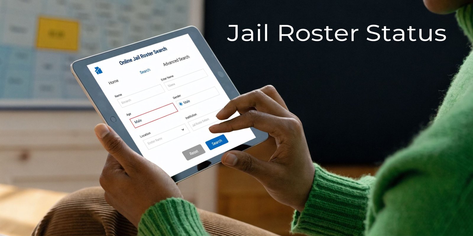 A person holding a tablet displaying an online jail roster search tool to verify inmate status.