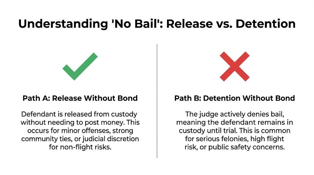 A diagram contrasting two legal outcomes: release without bond versus detention without bond for defendants.
