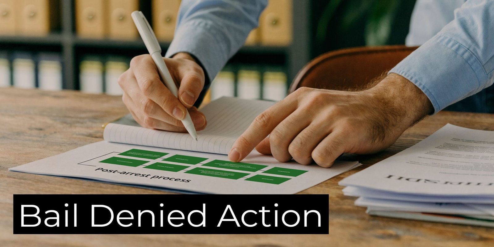 A professional analyzing a flowchart documenting the post-arrest process, specifically highlighting legal actions after bail denial.