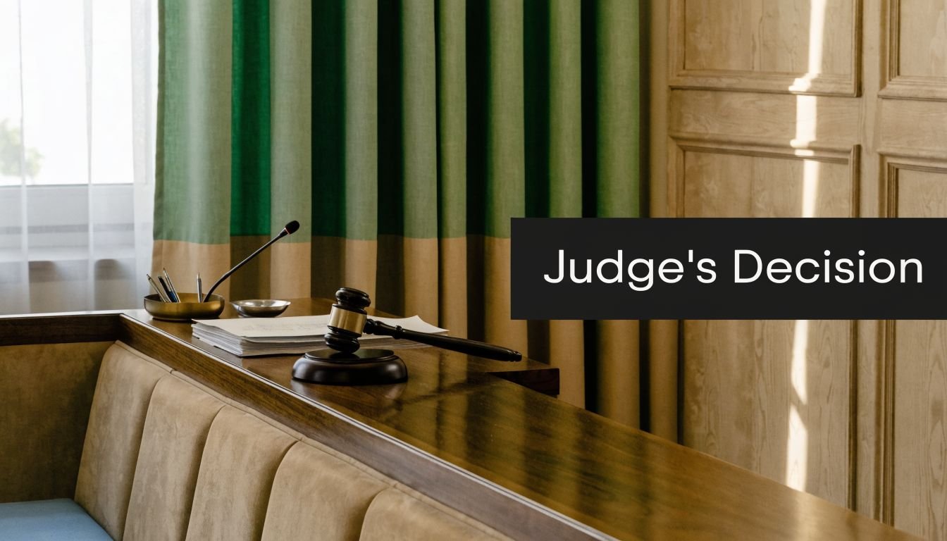 A wooden judge's gavel rests on a courtroom bench next to documents and a microphone.