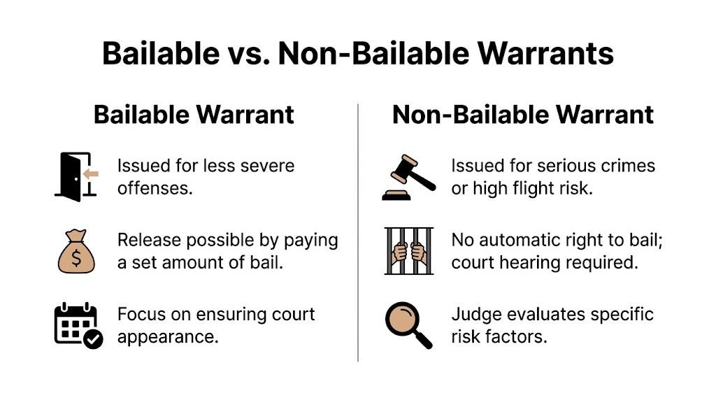 A comparison chart explaining the key differences between bailable and non-bailable legal warrants for court proceedings.
