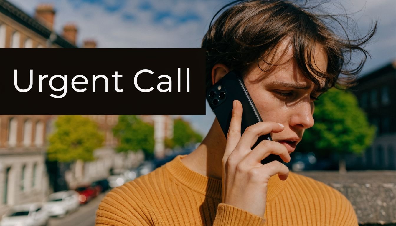 A concerned young person wearing an orange sweater holds a smartphone to their ear outdoors.