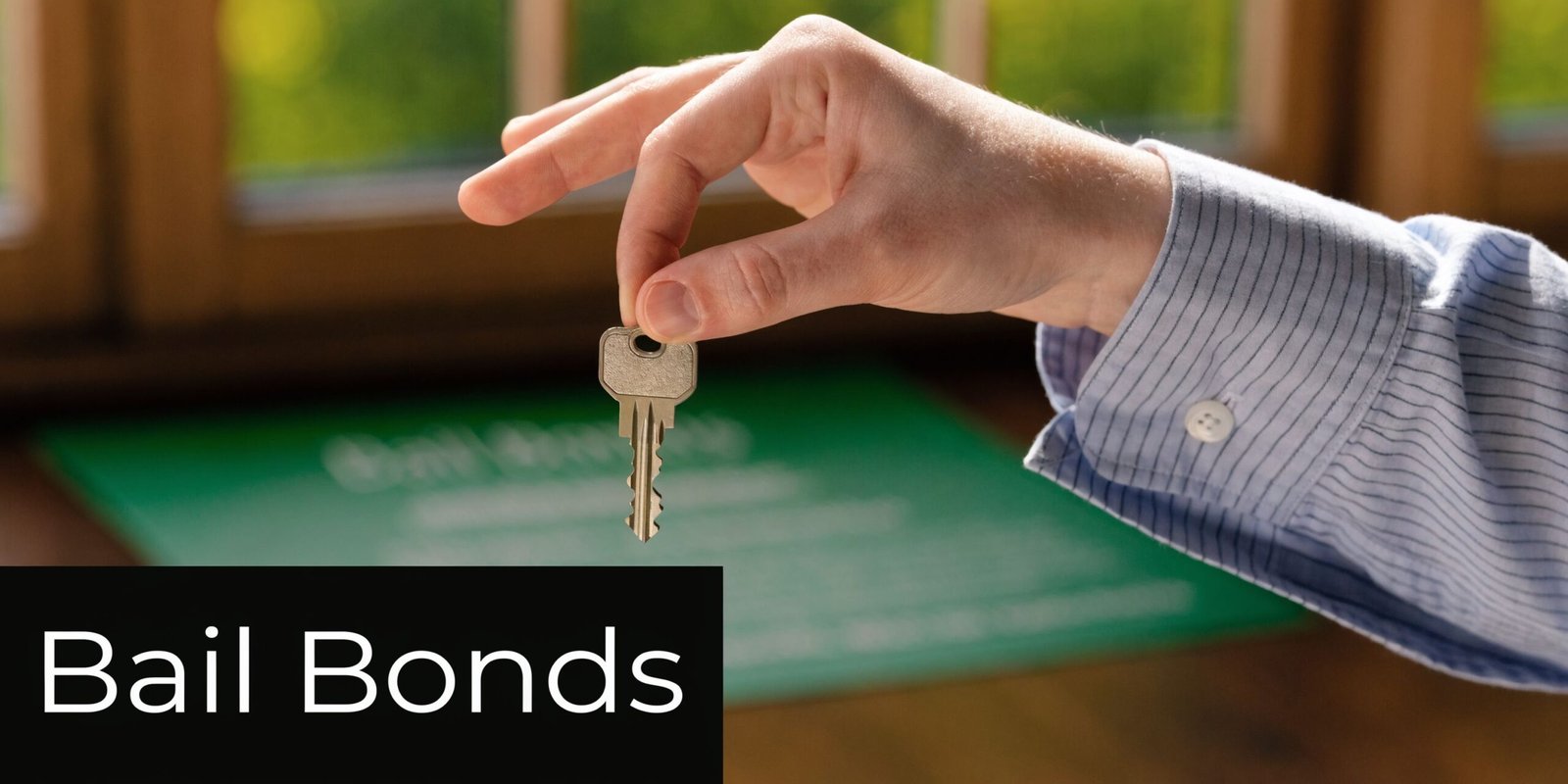 A hand holding a small house key over a green document labeled Bail Bonds in English.