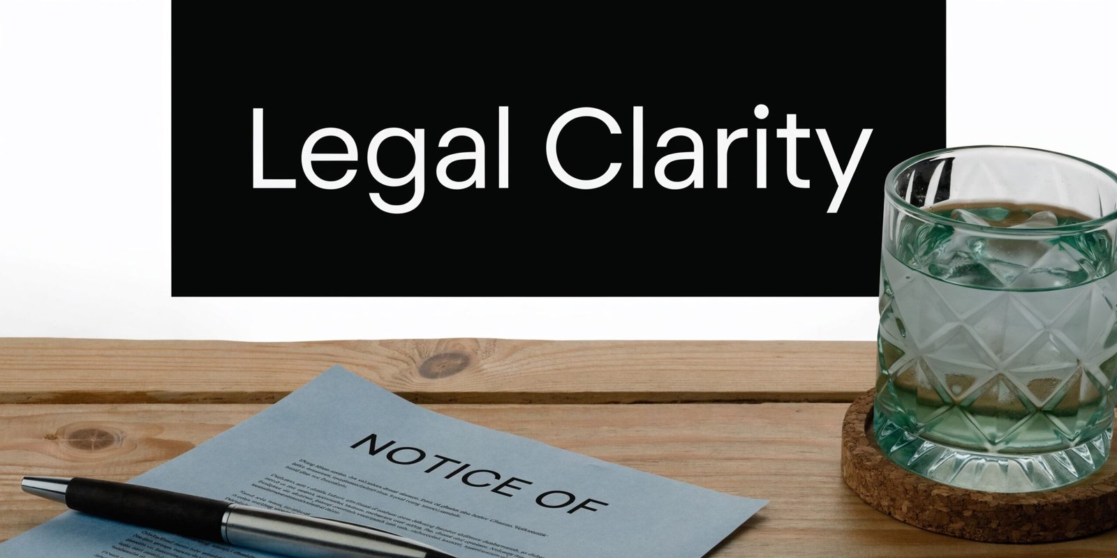 A document labeled Notice Of on a wooden desk next to a pen and a water glass.