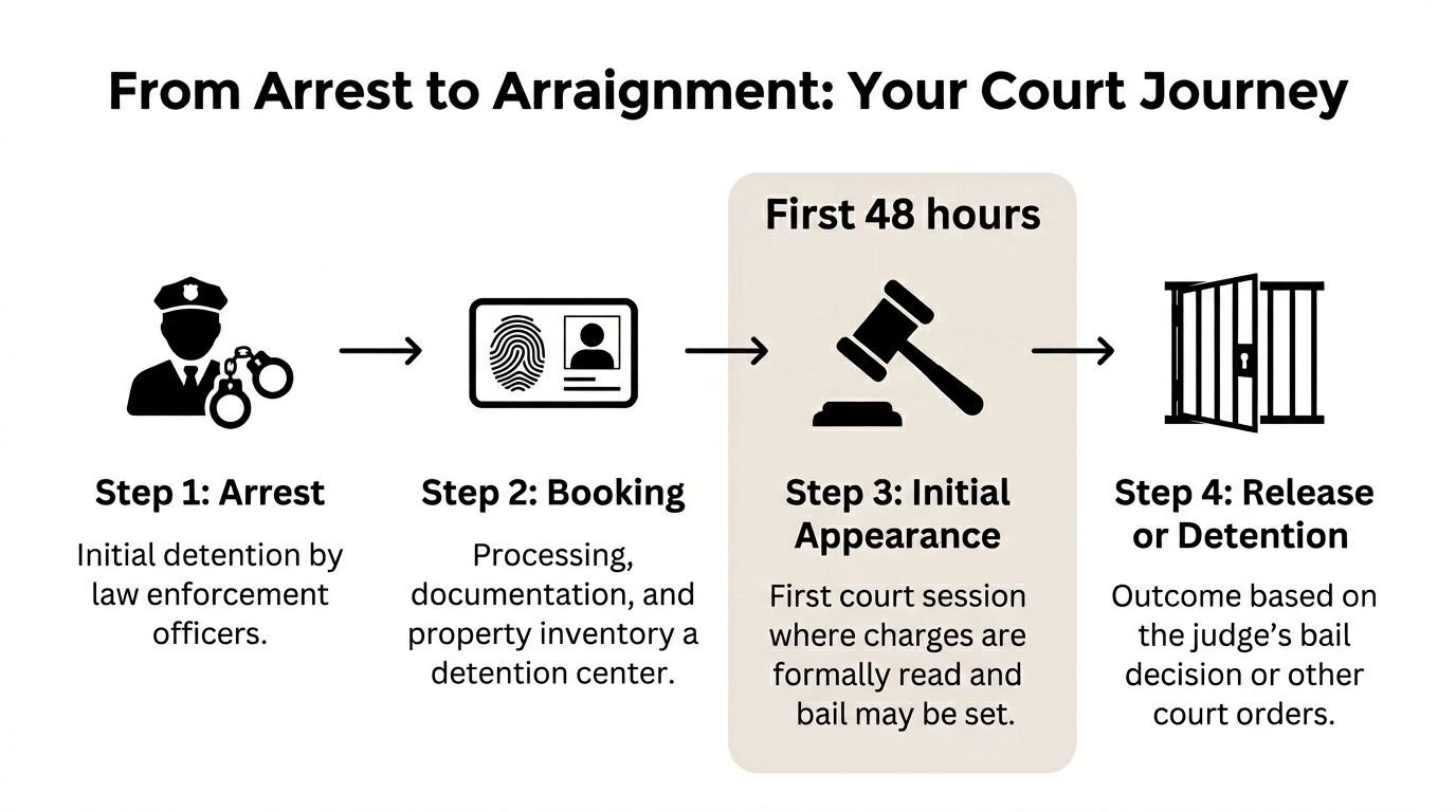 A flowchart titled From Arrest to Arraignment illustrating the four legal steps from initial arrest to release.