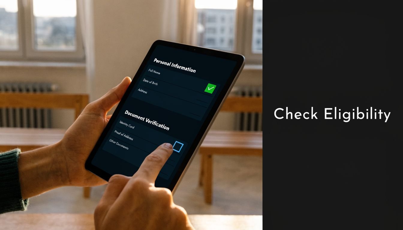 A person using a tablet to input personal information and verify documents for an online application.