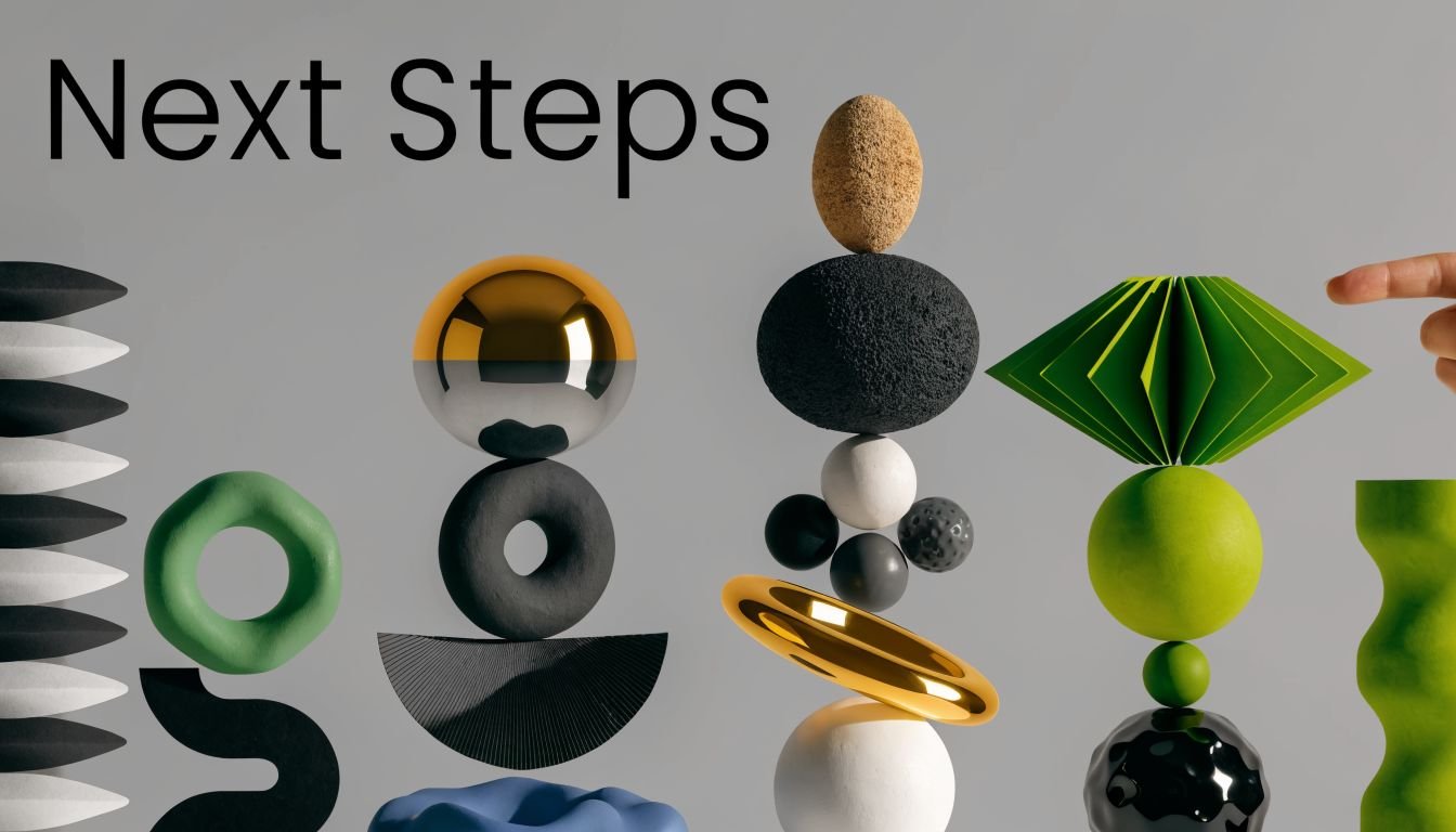 Abstract 3D composition with stacked geometric shapes of various textures and colors against a grey background.