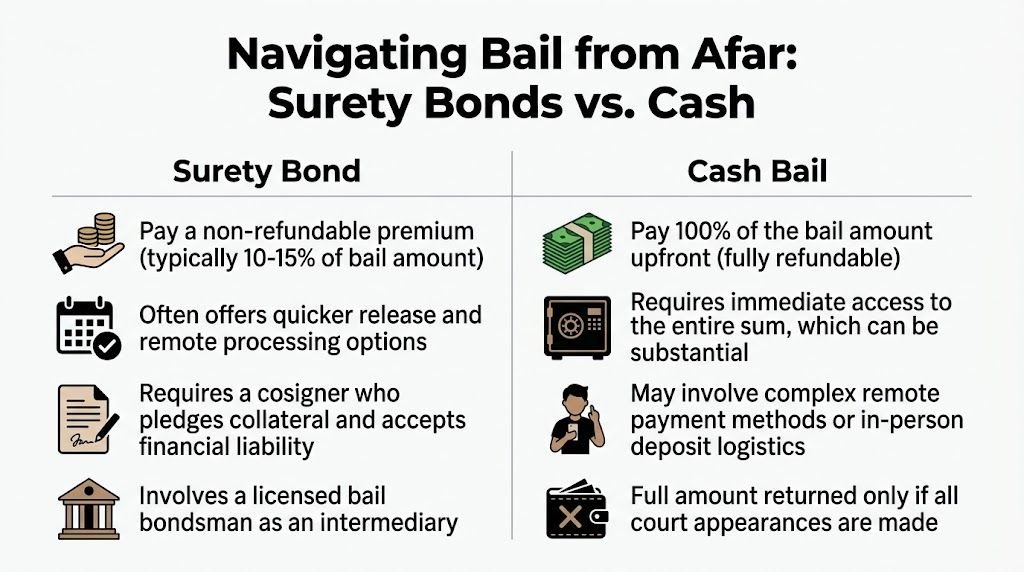 A comparison chart outlining the key differences between using a surety bond versus cash for bail payments.