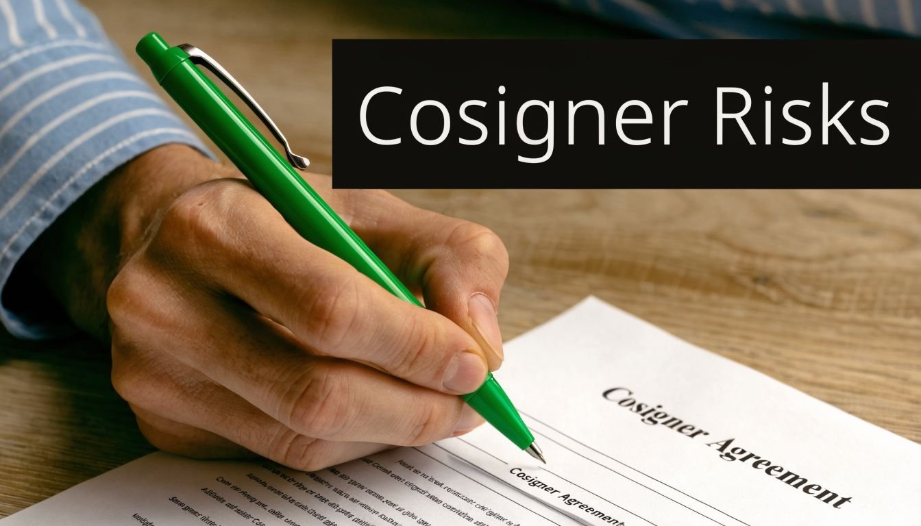 A person holding a green pen about to sign a document titled Cosigner Agreement on a table.