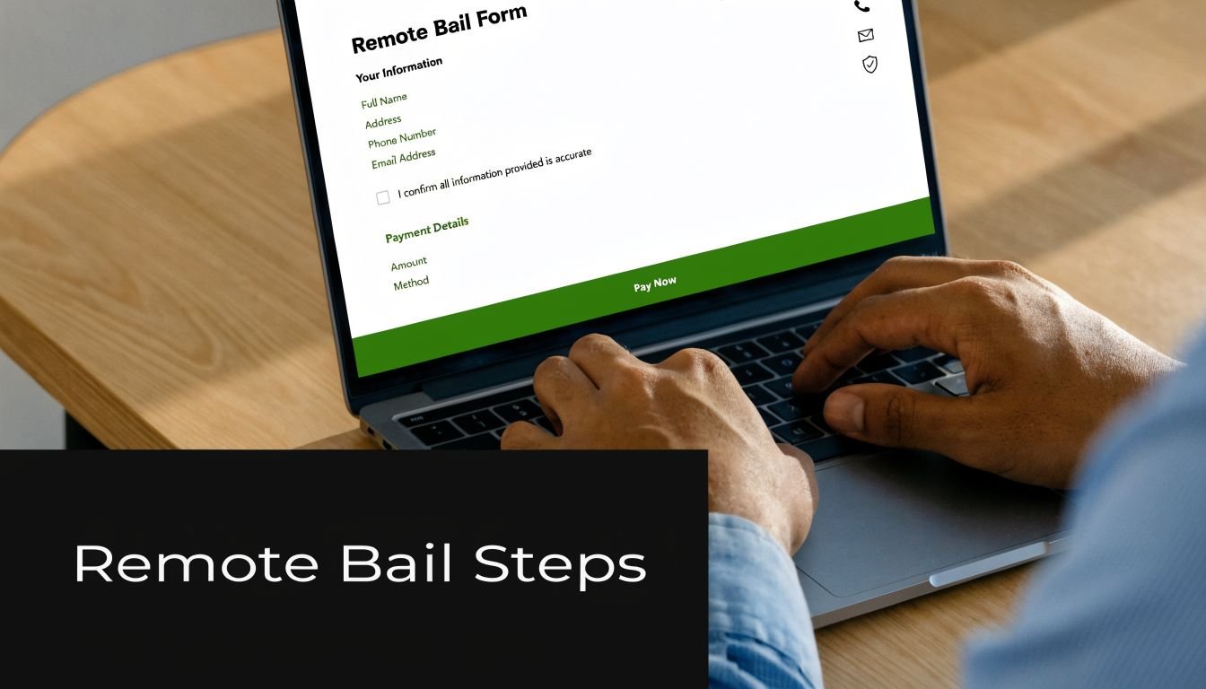 A person uses a laptop computer to fill out a digital remote bail form online.
