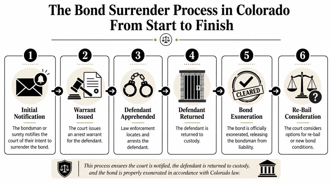A six-step infographic detailing the legal bond surrender process in Colorado from notification to re-bail.