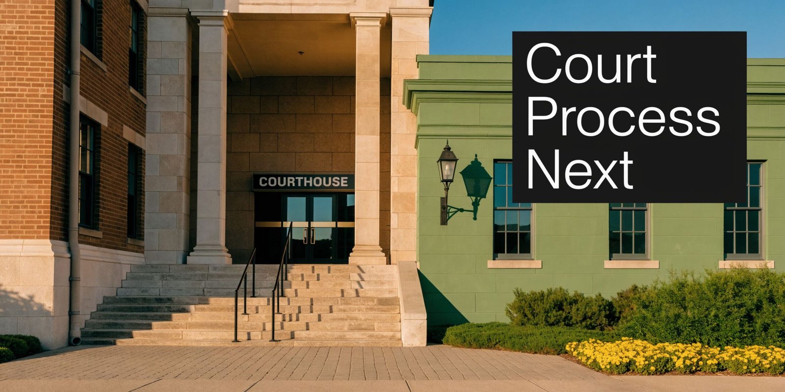 A grand stone courthouse building with a front staircase and green walls, featuring the words Court Process Next.