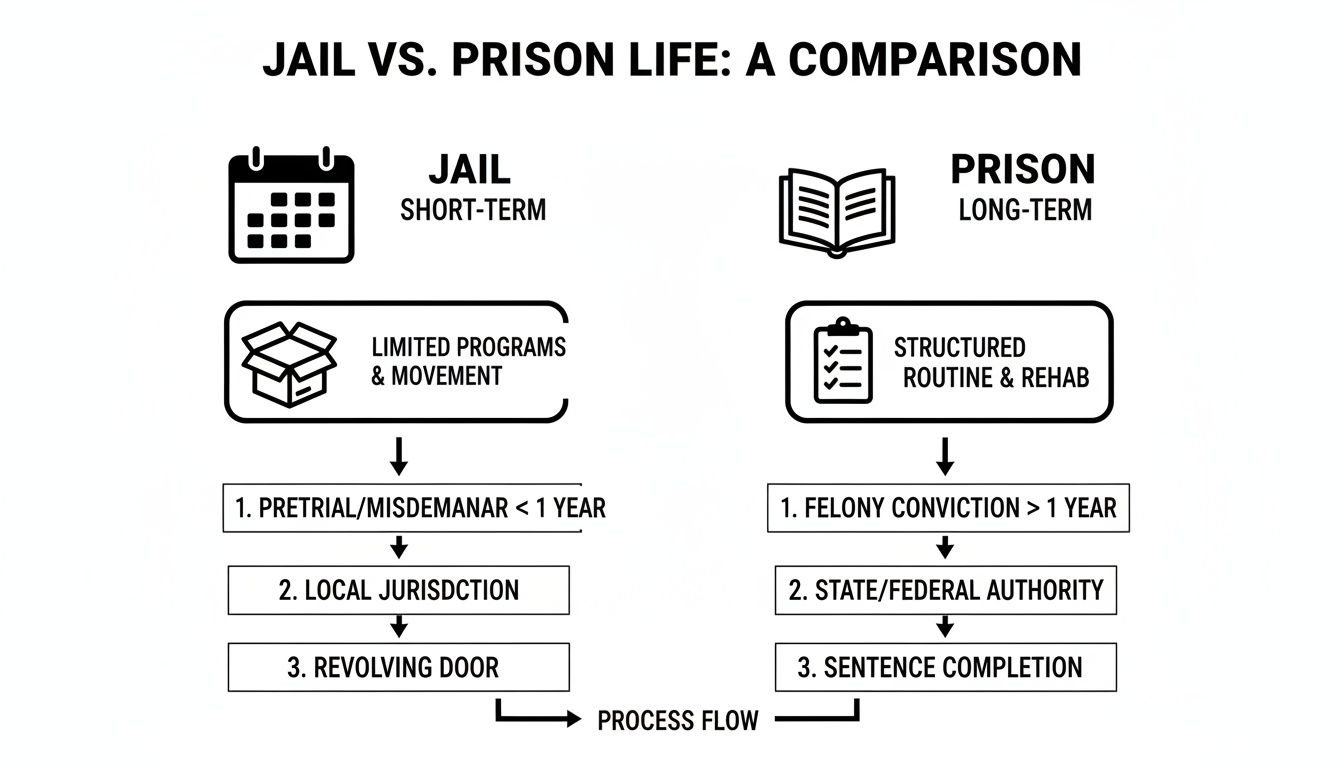 Infographic comparing jail and prison, detailing short-term vs. long-term, programs, and legal processes.