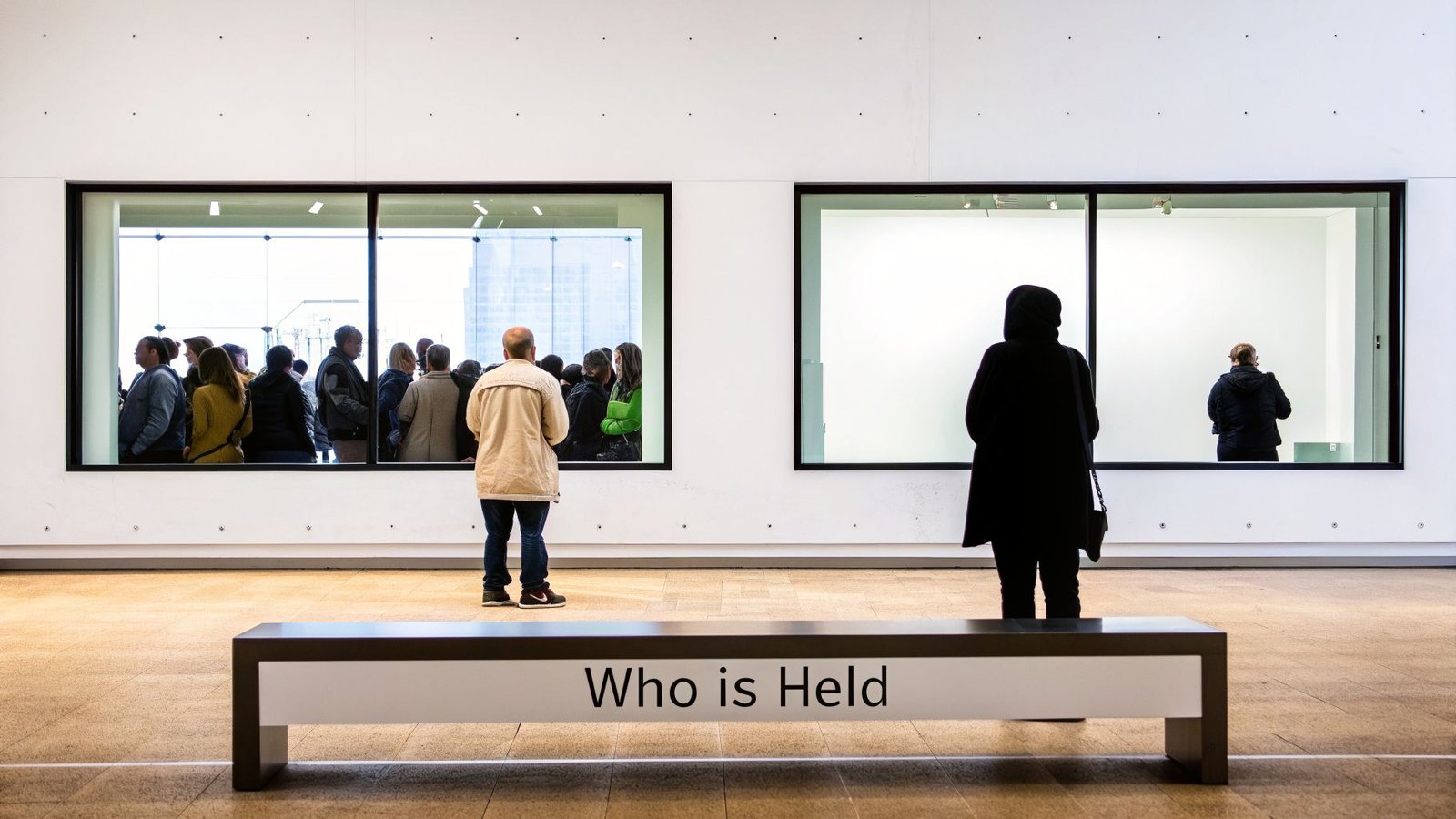 A museum exhibit featuring windows showing people, a man, and a woman observing a bench stating "Who is Held."