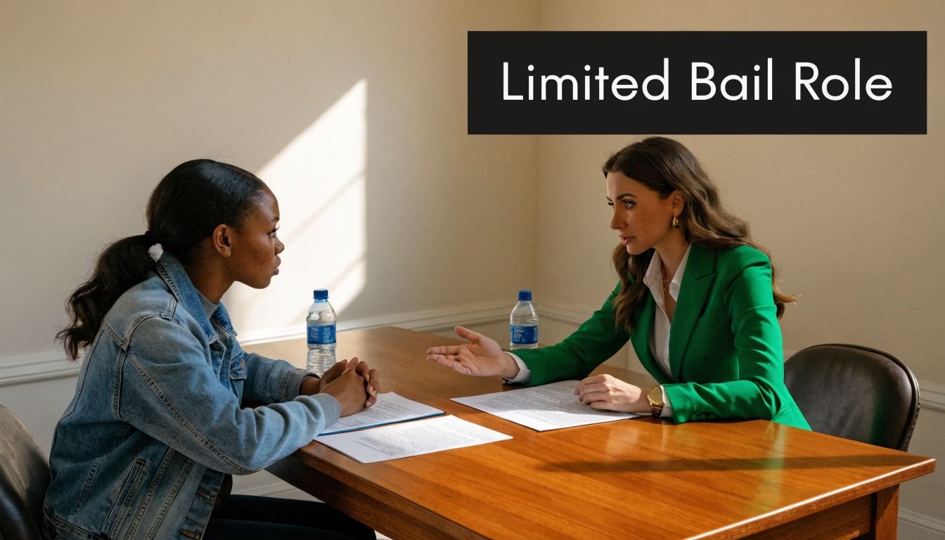 A public defender in a green blazer explains legal documents to a young woman across a desk.