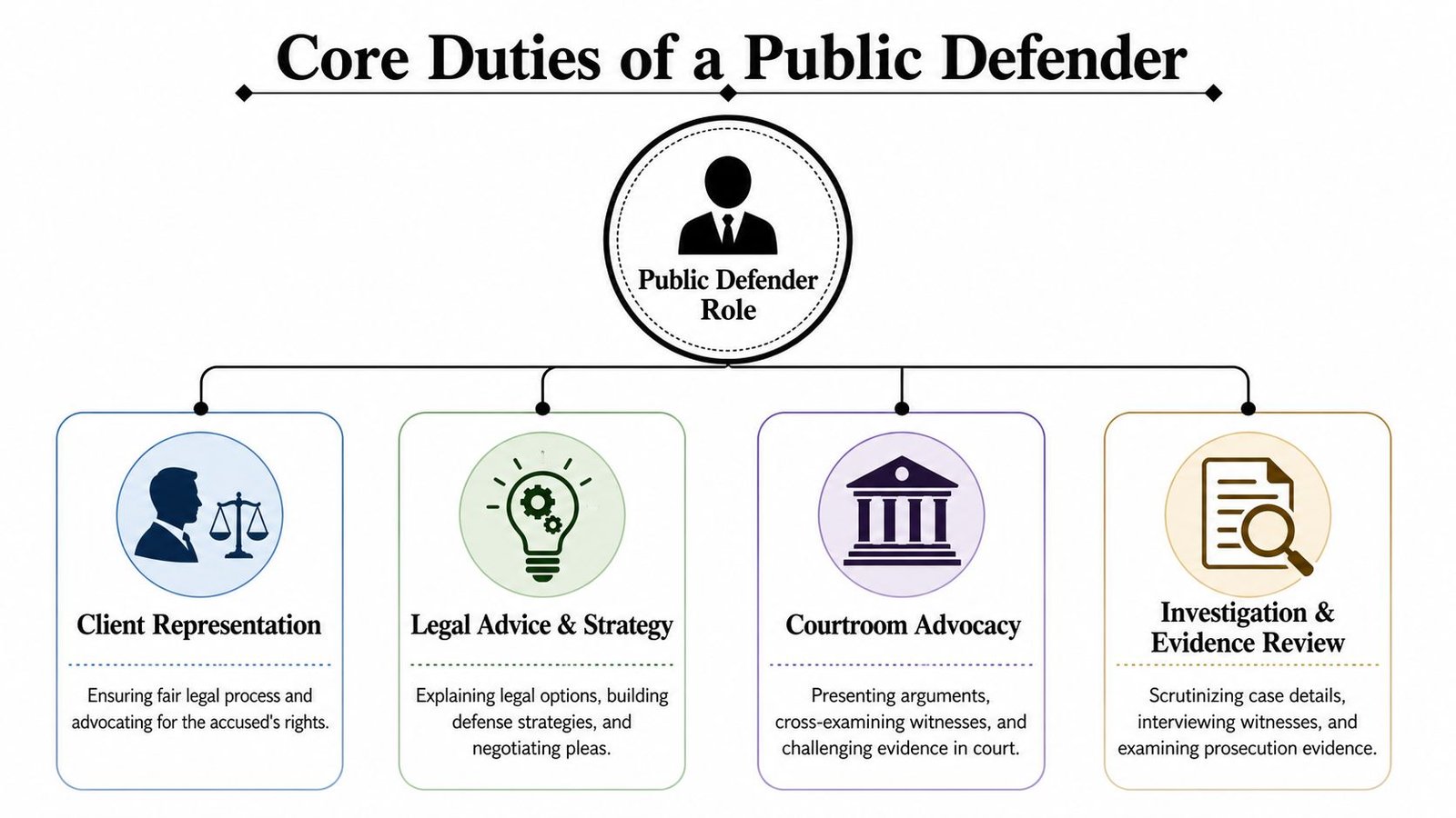 A diagram outlining the core duties of a public defender including representation, strategy, advocacy, and investigation.