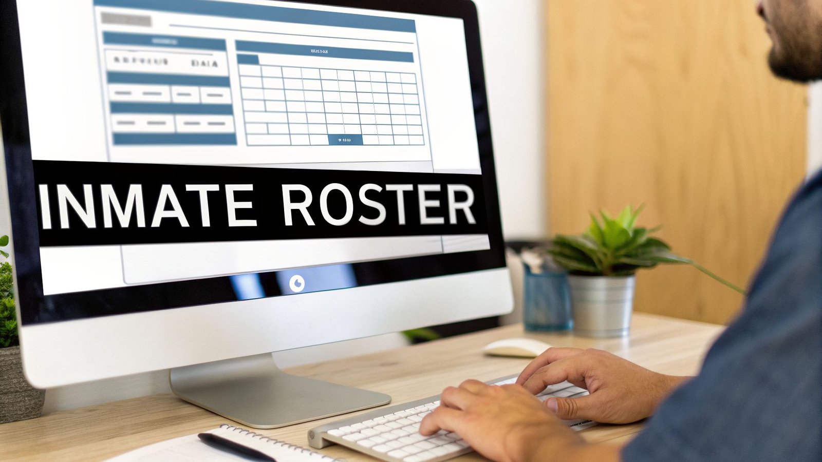 A person typing on a keyboard, viewing an 'INMATE ROSTER' displayed on a computer screen.