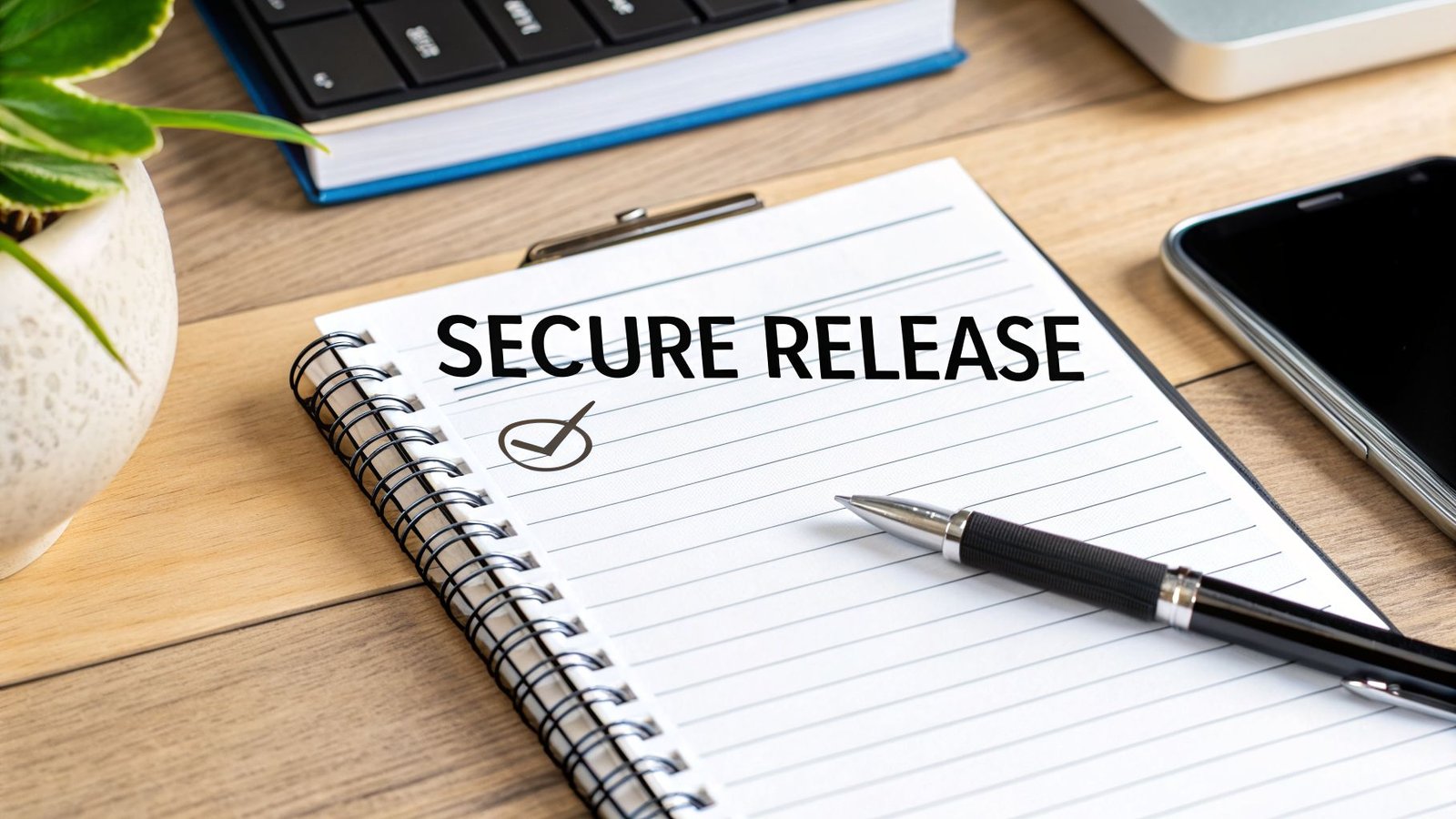 A notebook on a wooden desk showing 'SECURE RELEASE' with a checkmark, symbolizing project completion.