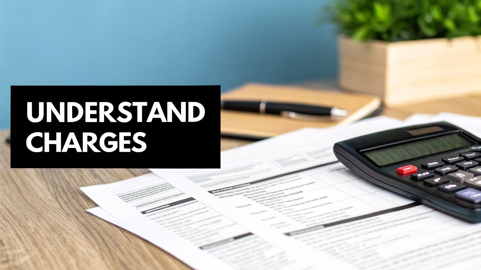 Text 'UNDERSTAND CHARGES' on a black box, with a calculator and papers on a wooden desk.