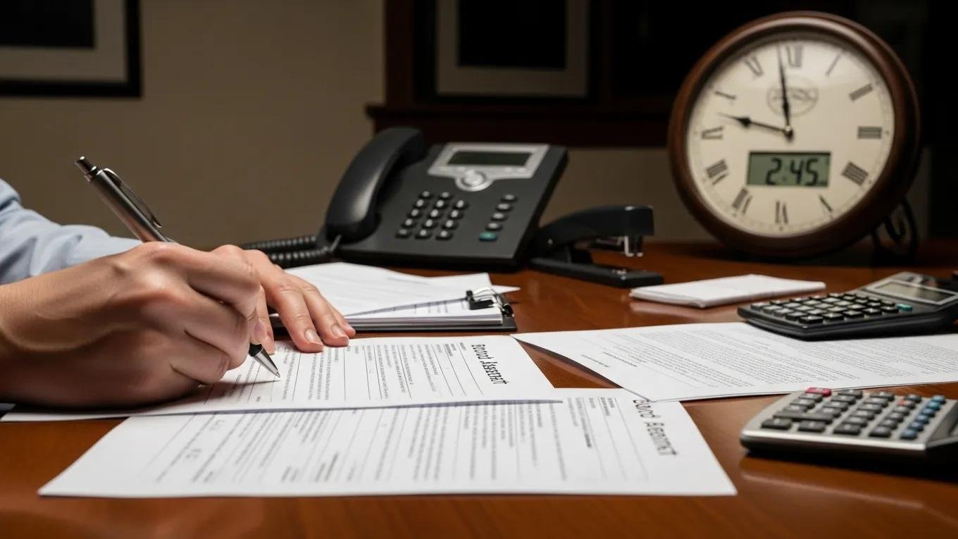 Bail bond agent processing paperwork with a clock in the background, illustrating urgency
