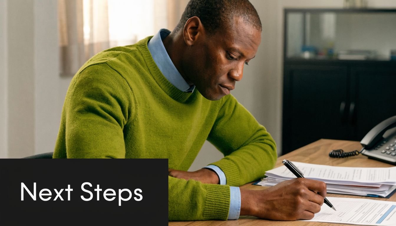A professional man sitting at a desk while signing a document with a black pen.
