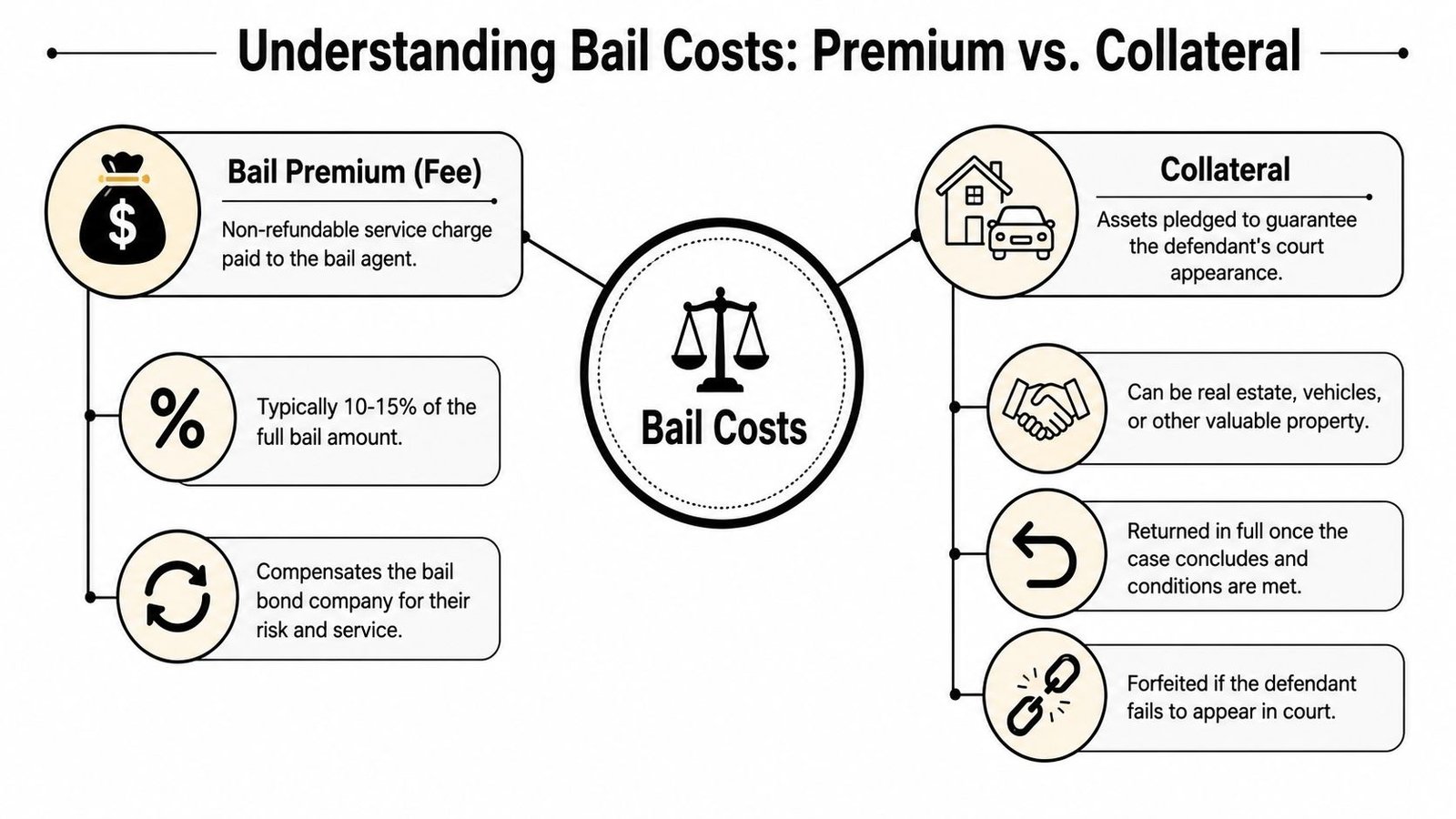 An infographic comparing the differences between non-refundable bail premiums and refundable collateral in legal proceedings.