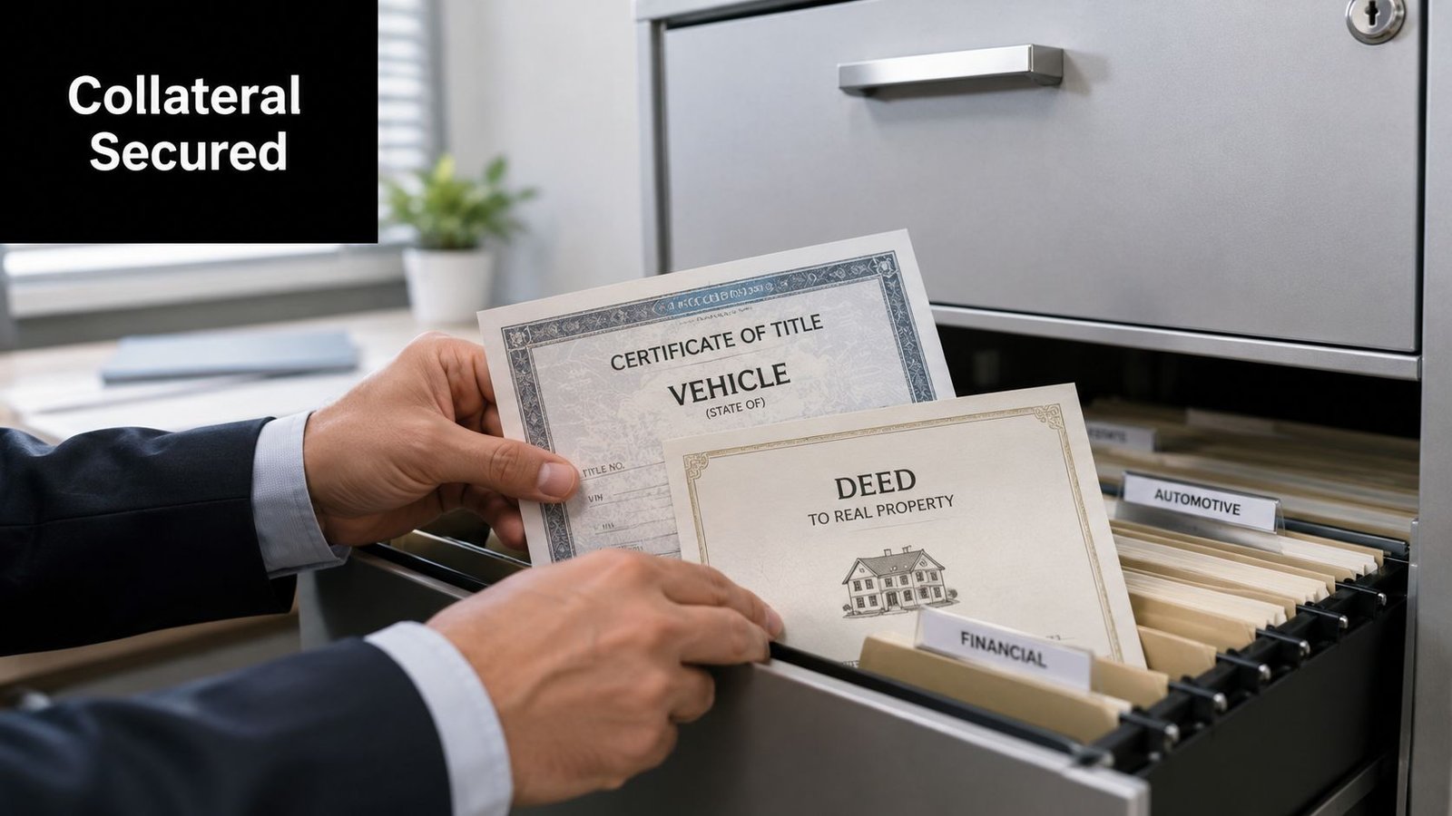 A professional in a suit organizing legal documents for vehicle titles and real estate deeds in a cabinet.