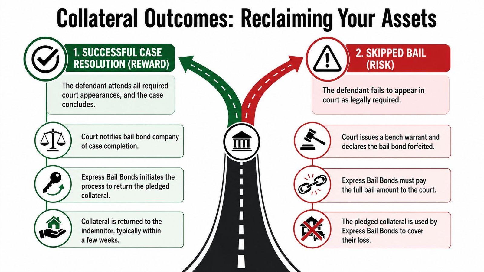 An infographic illustrating the two potential collateral outcomes in the bail bond process: success or skipped bail.