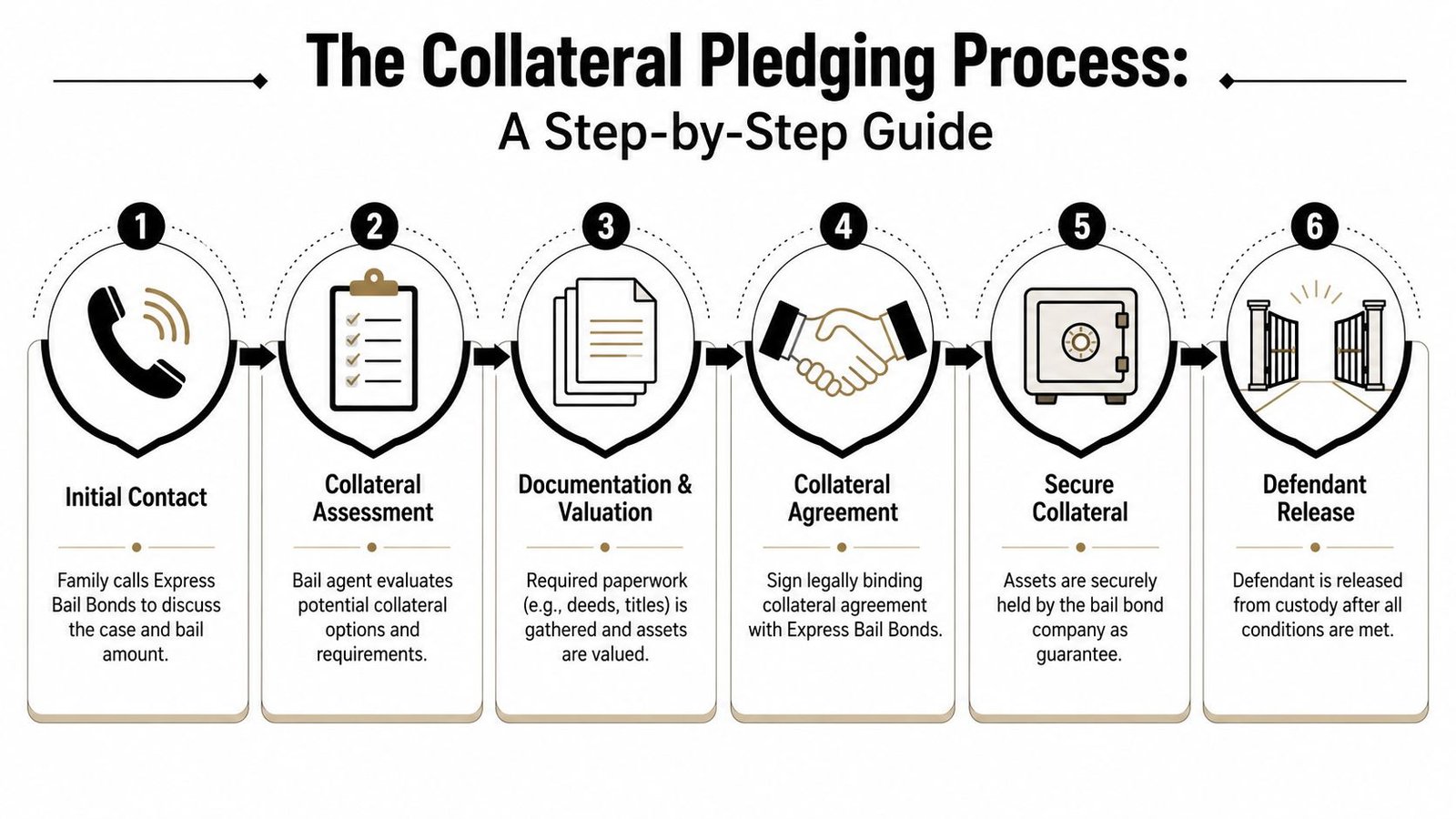 A six-step infographic explaining the bail bond collateral pledging process from initial contact to defendant release.