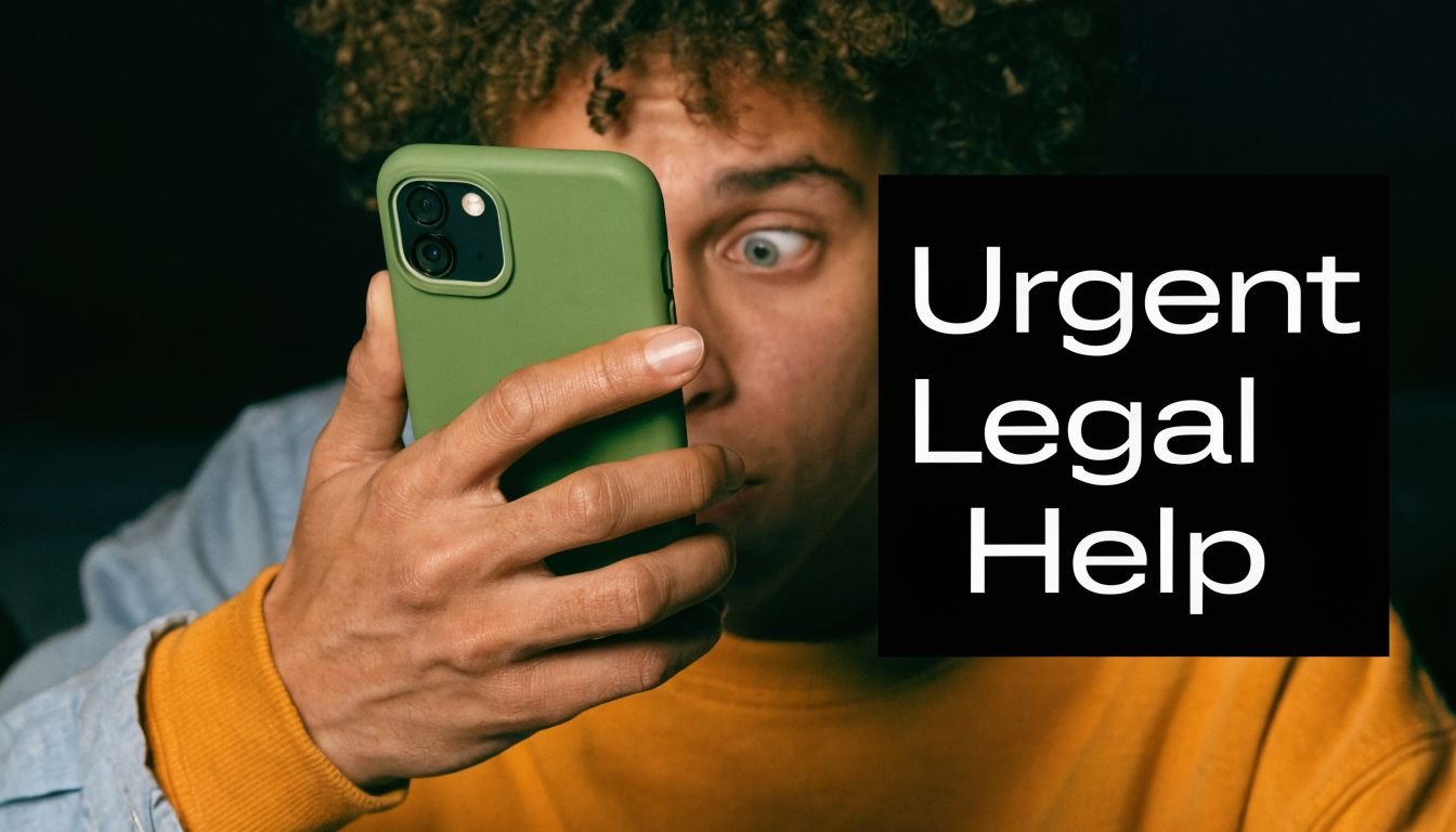 A worried young person looking at their smartphone screen with the text Urgent Legal Help overlaid.