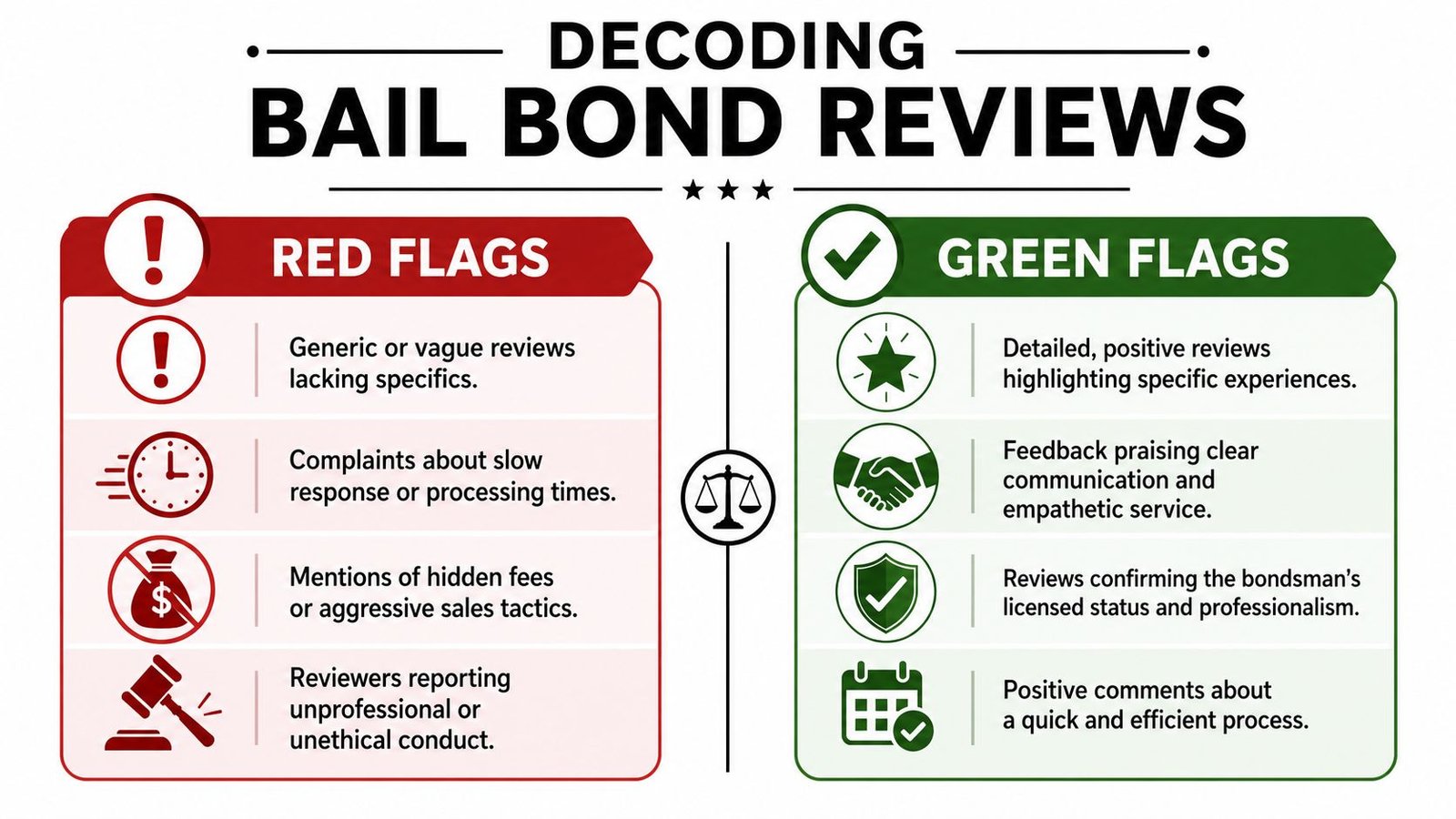An infographic titled Decoding Bail Bond Reviews comparing red flag warning signs against green flag positive indicators.