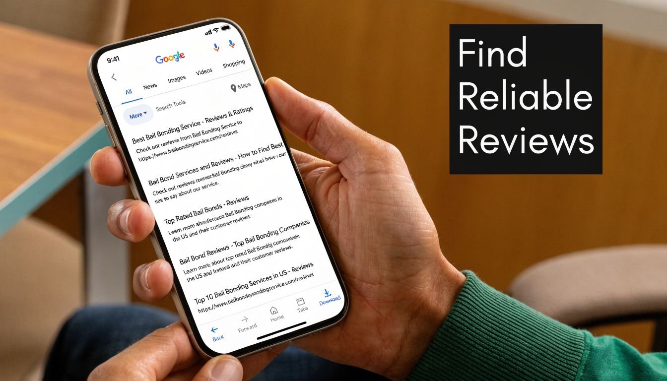 A person holding a smartphone showing Google search results for bail bond services and company reviews.