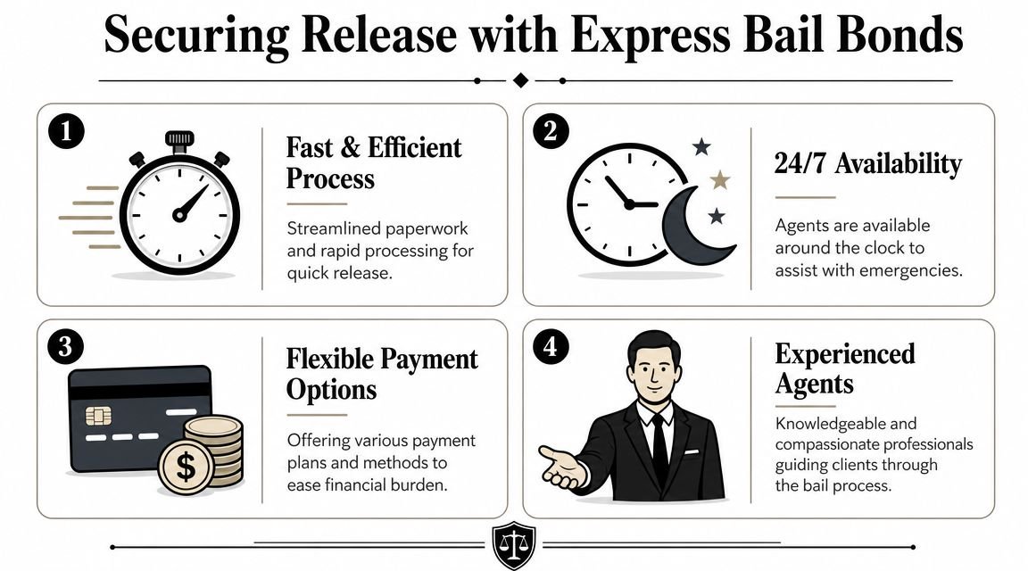 An infographic detailing four core benefits of using Express Bail Bonds for securing inmate release.